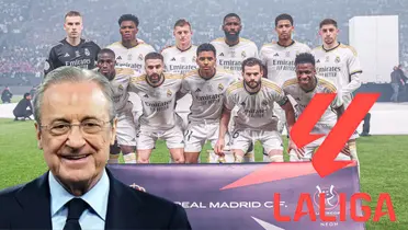 Equipo del Real Madrid 2024. Florentino Pérez sonriendo y logo de la Liga.