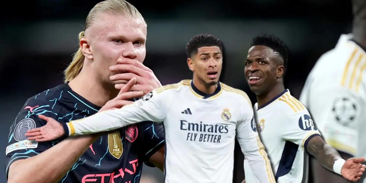 Erling Haaland, delantero del Manchester City, con Jude Bellingham y Vinicius del Real Madrid