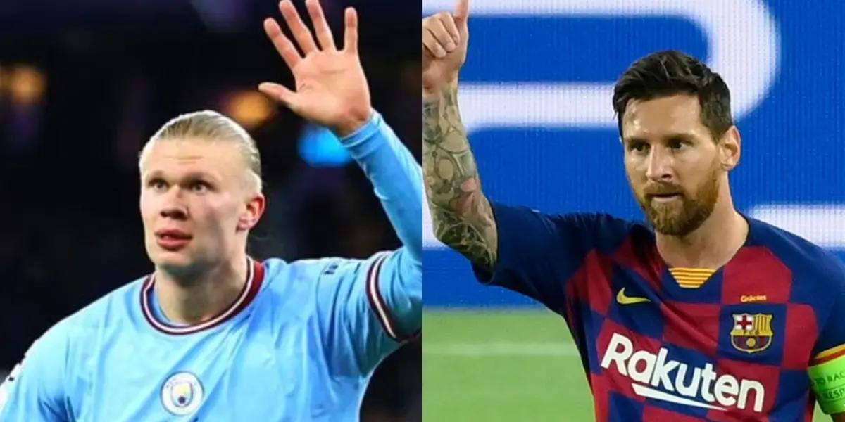 Erling Haaland igualó a Lionel Messi en marcar cinco tantos en un partido de Champions League pero lo hizo en tiempo récord