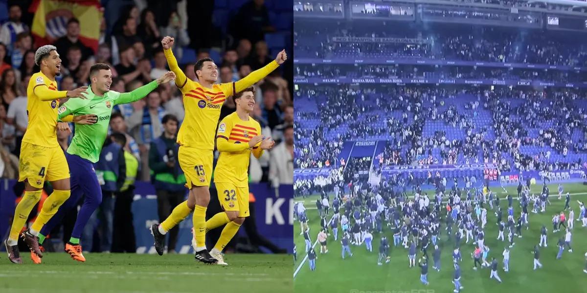 FC Barcelona no pudo festejar porque malos hinchas del Espanyol invadieron la cancha para buscar agredir a los jugadores