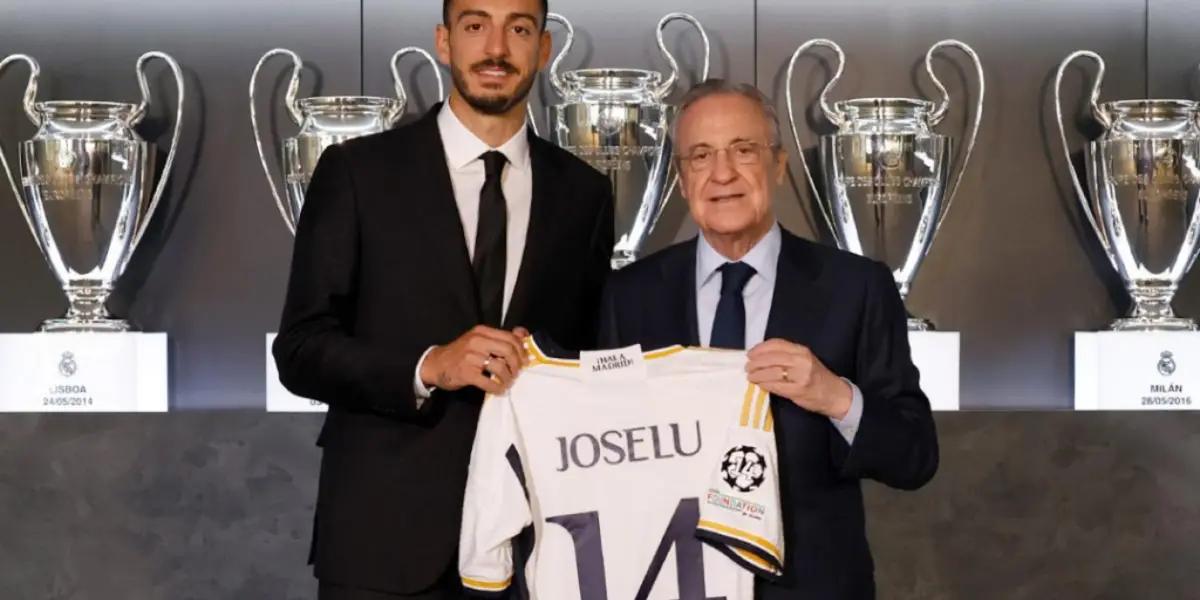 Florentino Pérez con Joselu en su presentación en el Real Madrid