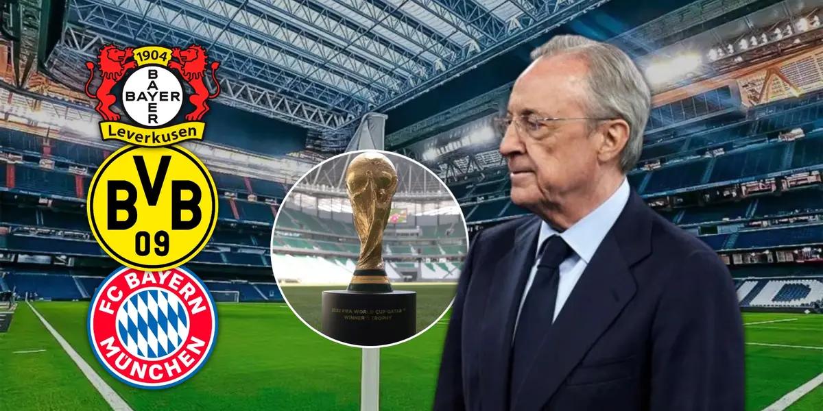 Florentino Pérez en el Santiago Bernabéu con la Copa Mundial de la FIFA como centro.