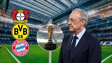 Florentino Pérez en el Santiago Bernabéu con la Copa Mundial de la FIFA como centro.