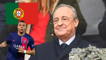 Florentino Pérez feliz. En un costado Kylian Mbappé y la bandera de Portugal, del otro mucho dinero.
