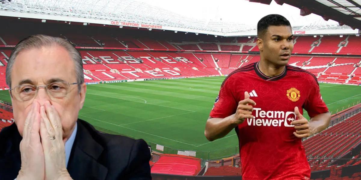 Florentino Pérez lamentándose, Casemiro con la camiseta del Manchester United, de fondo Old Trafford.