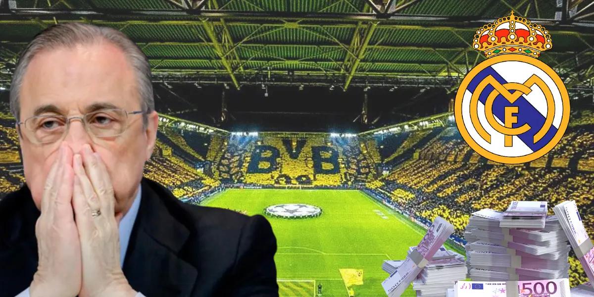 Florentino Pérez lamentándose. Escudo del Real Madrid y muchos euros en efectivo. De fondo, el Signal Iduna Park