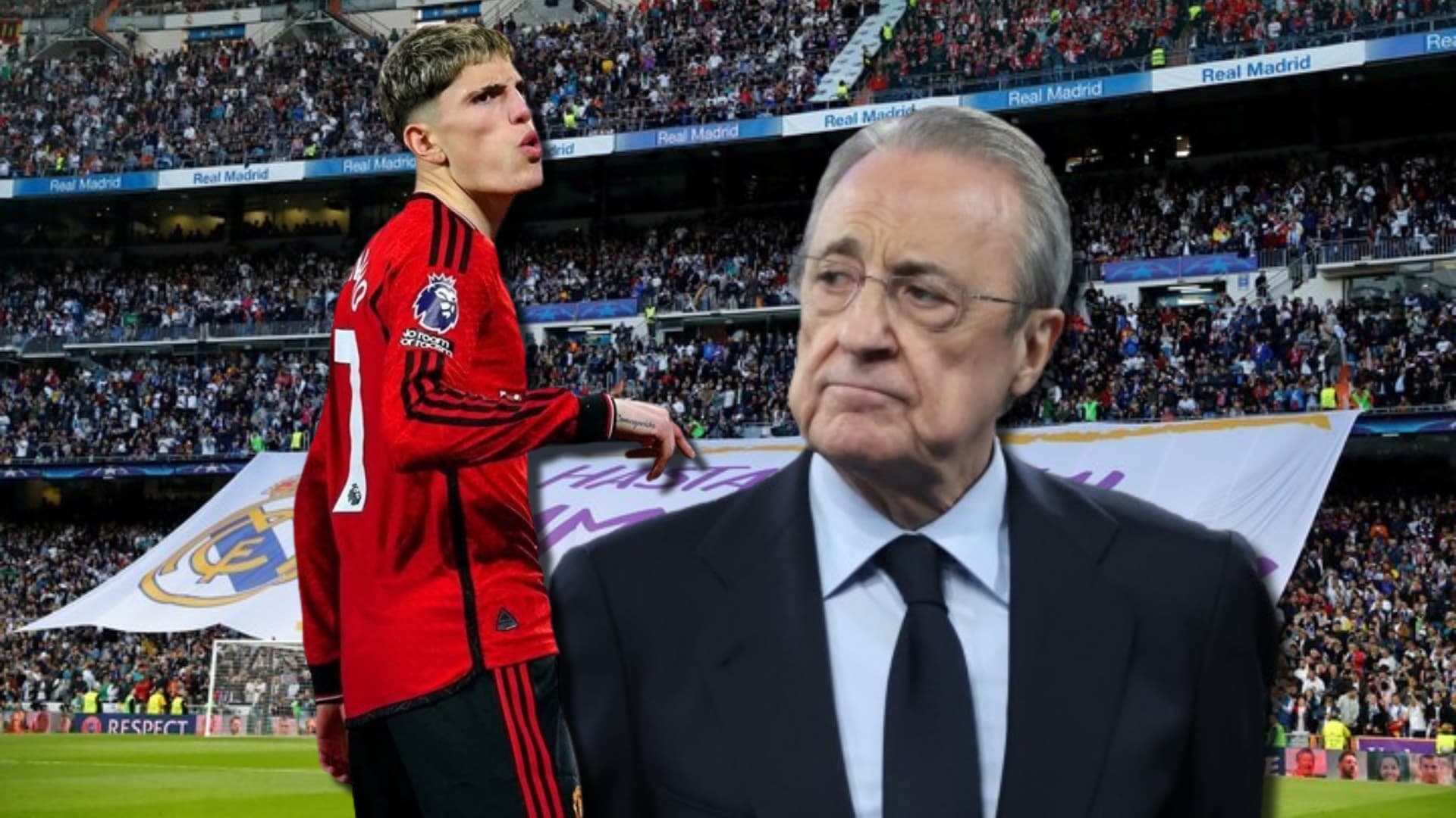 Florentino Pérez, presidente del Real Madrid, Alejandro Garnacho, jugador del Manchester United