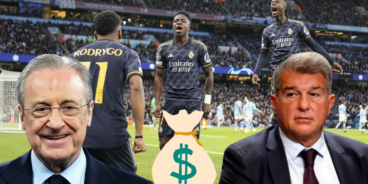 Florentino Pérez, presidente del Real Madrid. Joan Laporta, presidente del Barcelona. Jugadores del Real Madrid festejando en Champions