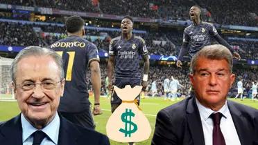 Florentino Pérez, presidente del Real Madrid. Joan Laporta, presidente del Barcelona. Jugadores del Real Madrid festejando en Champions