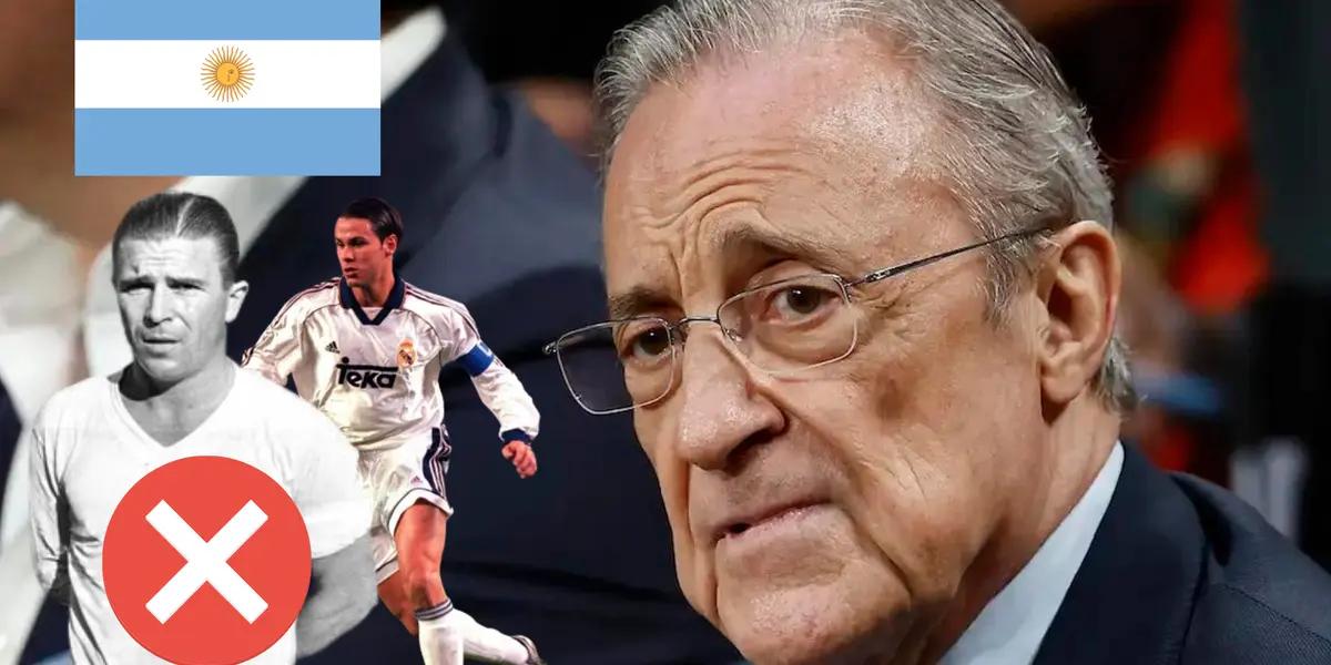 Florentino Pérez serio. Fernando Redondo y Alfredo Di Stéfano con una cruz, bandera argentina en lo alto-