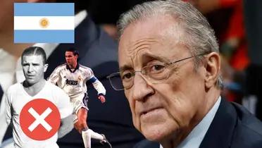 Florentino Pérez serio. Fernando Redondo y Alfredo Di Stéfano con una cruz, bandera argentina en lo alto-