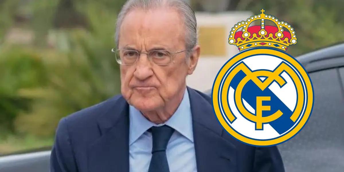 Florentino Pérez serio y el escudo del Real Madrid.