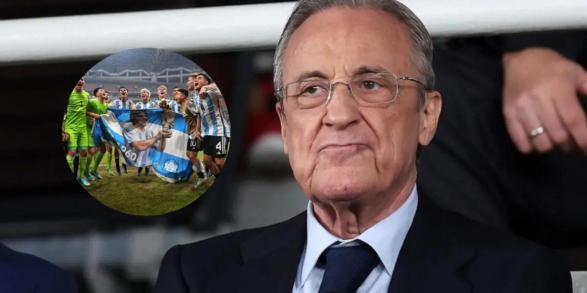 Florentino Pérez serio y el Sub 17 de Argentina festeja