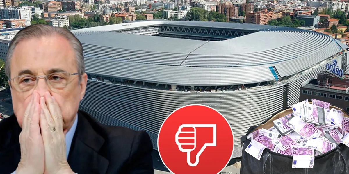 Florentino Pérez y el Santiago Bernabéu de fondo con el pulgar abajo.