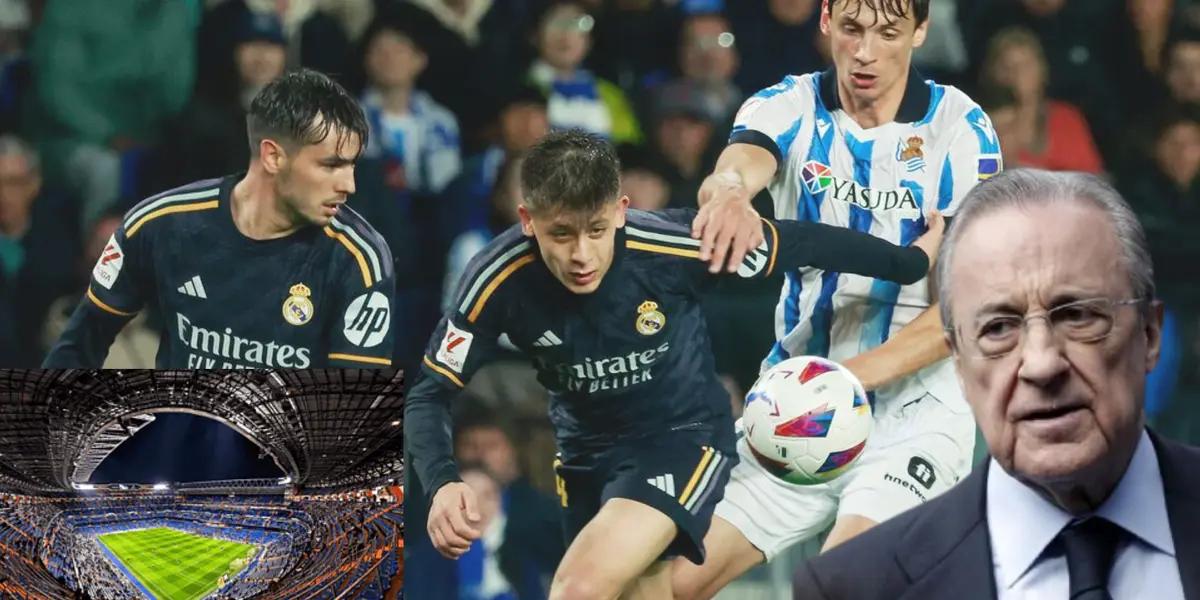 Foto del partido entre Real Madrid y Real Sociedad. Imagen del Santiago Bernabéu a la izquierda y Florentino Pérez a la derecha.