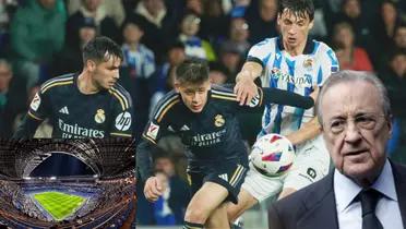 Foto del partido entre Real Madrid y Real Sociedad. Imagen del Santiago Bernabéu a la izquierda y Florentino Pérez a la derecha.