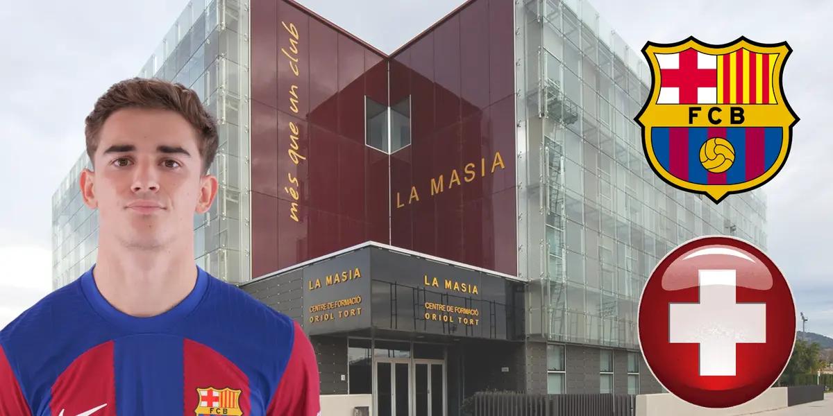 Gavi con la camiseta del Barcelona, escudo del Barça y logo de hospital. De fondo, La Masia.