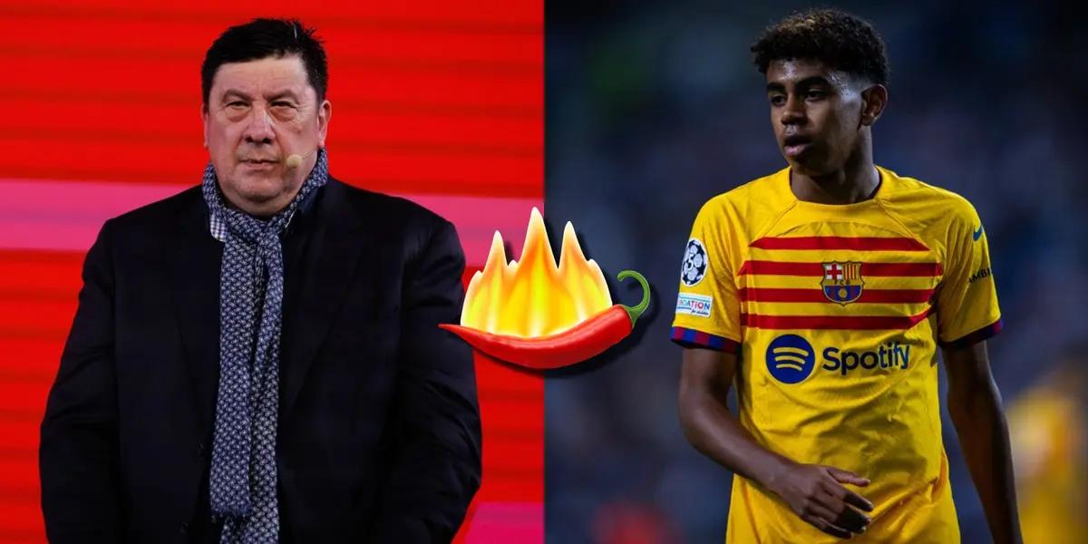 Germán Burgos como comentarista deportivo y Lamine Yamal vistiendo la camiseta del FC Barcelona.