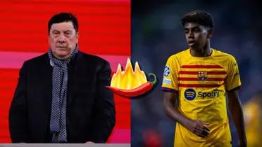 Germán Burgos como comentarista deportivo y Lamine Yamal vistiendo la camiseta del FC Barcelona.