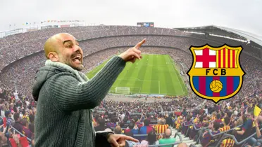 Guardiola dando indicaciones, escudo del FC Barcelona. De fondo el Camp Nou.