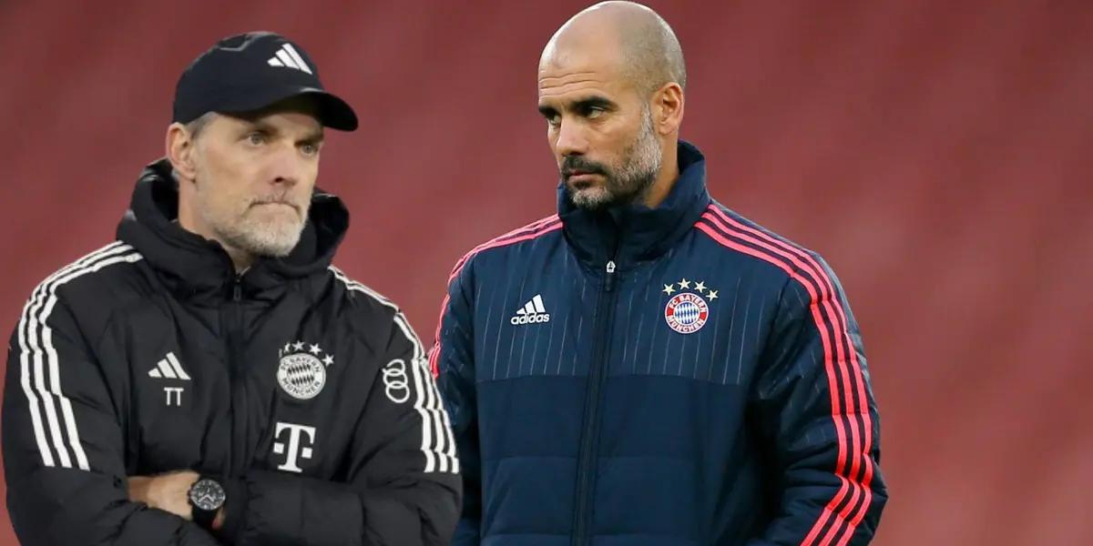 Guardiola y Tuchel, ambos con el buzo del Bayern Múnich como DT.