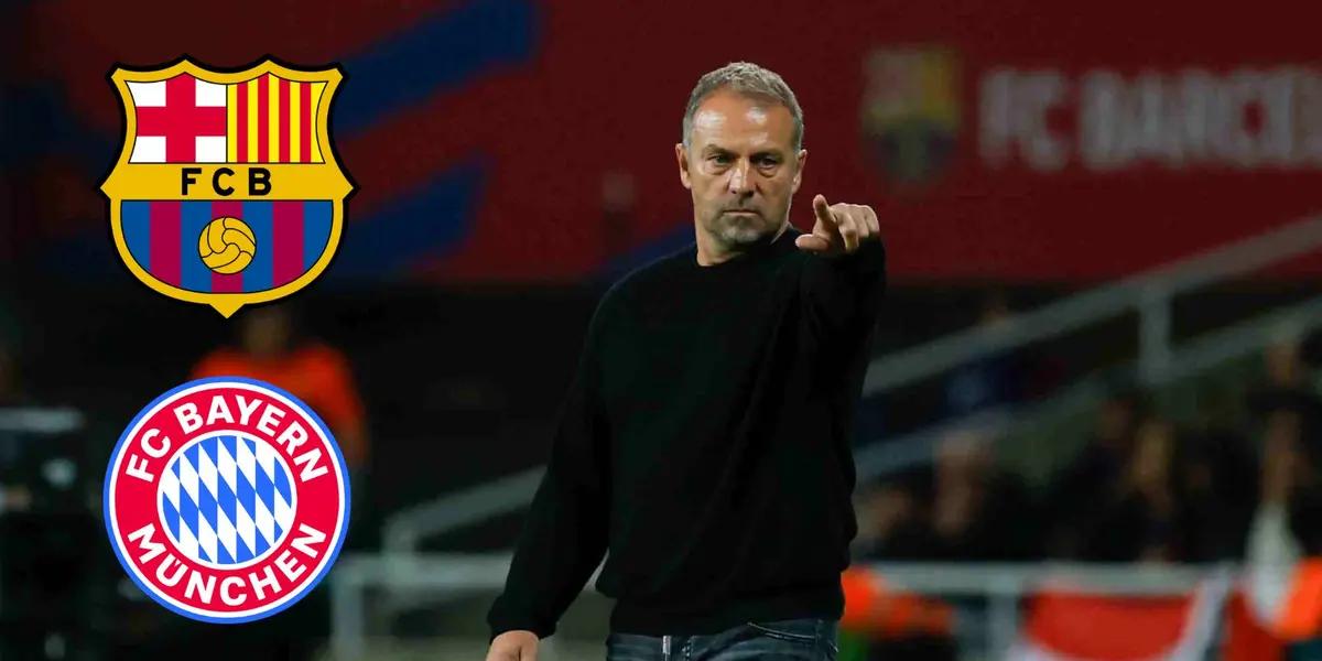 Hansi flick con el escudo de Barcelona y Bayern