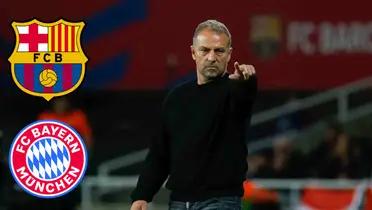 Hansi flick con el escudo de Barcelona y Bayern