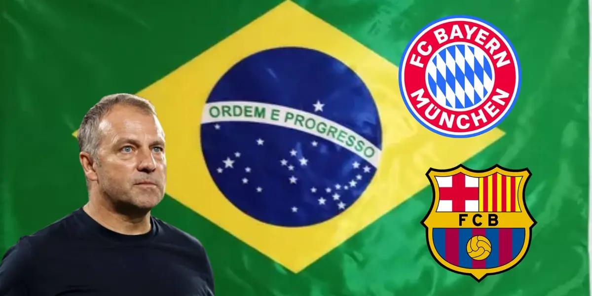 Hansi Flick con la bander de Barcelona y los escudos de Barca y Bayern