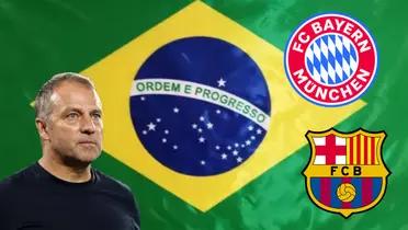 Hansi Flick con la bander de Barcelona y los escudos de Barca y Bayern