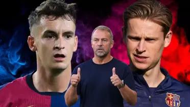 Hansi Flick - Marc Casadó - Frenkie De Jong (Foto: X)