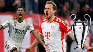 Harry Kane celebrando, imagen de Jude Bellingham gritando y trofeo de Champions League.