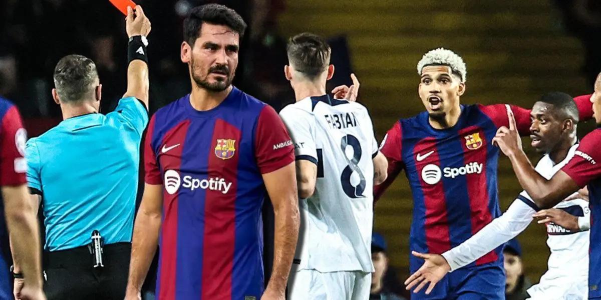Ilkay Gundogan y Ronald Araújo en la expulsión del uruguayo ante PSG en Champions League