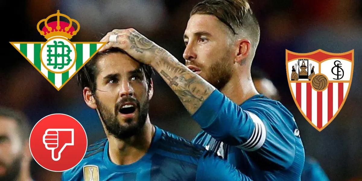 Isco y Sergio Ramos en el Real Madrid, escudos del Betis y Sevilla, pulgar para abajo.