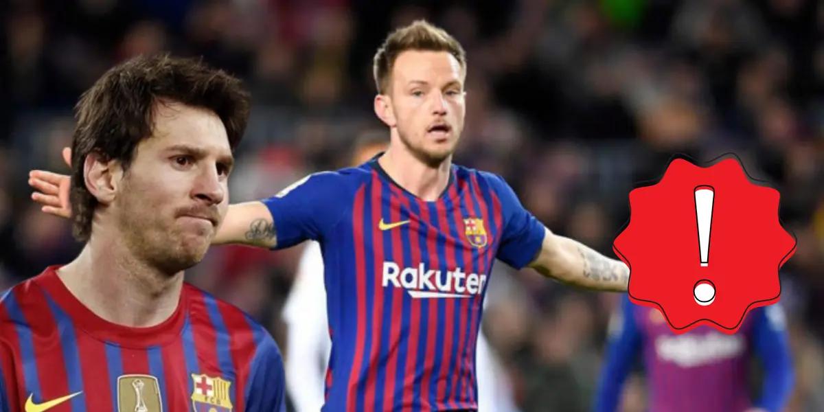 Ivan Rakitic lamentándose, Lionel Messi con cara de preocupado. Signo de atención.