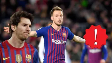Ivan Rakitic lamentándose, Lionel Messi con cara de preocupado. Signo de atención. 