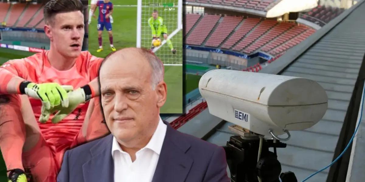 Javier Tebas, presidente de LaLiga, con Ter Stegen, portero del FC Barcelona