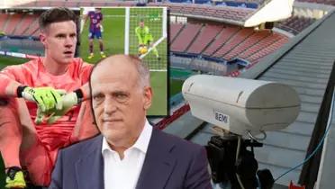 Javier Tebas, presidente de LaLiga, con Ter Stegen, portero del FC Barcelona