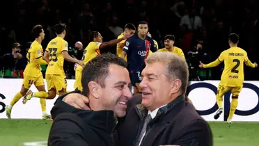 Joan Laporta abrazando a Xavi Hernández, entrenador del FC Barcelona
