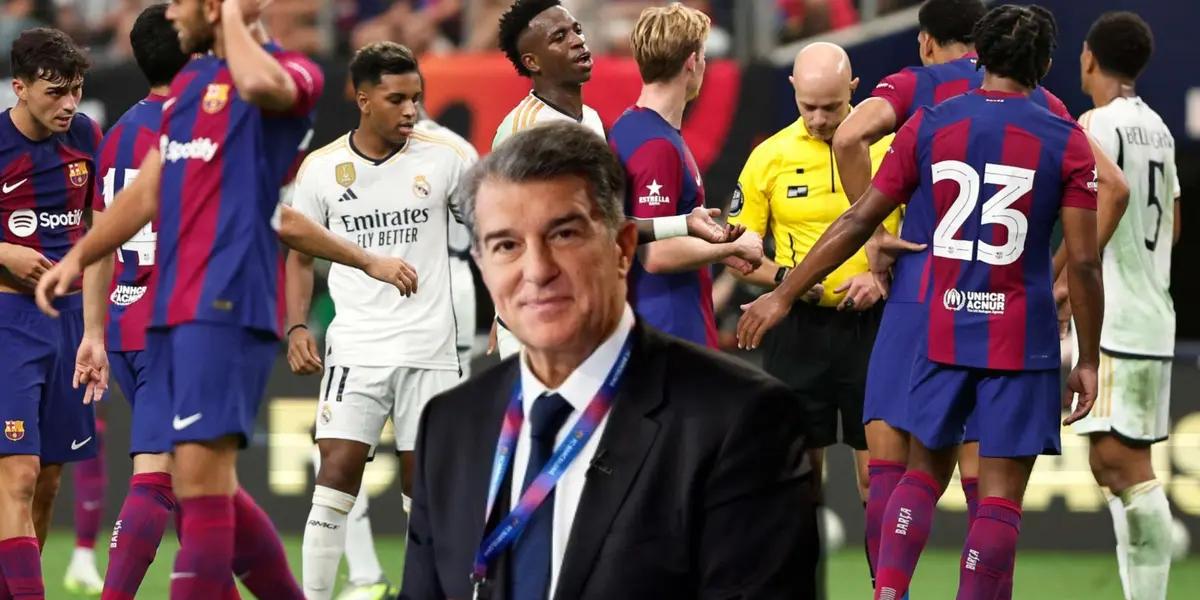 Joan Laporta con jugadores del Real Madrid y FC Barcelona