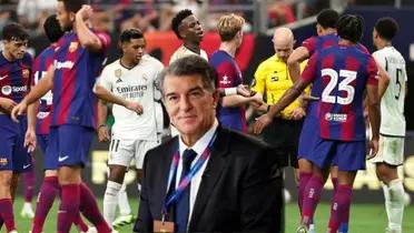 Joan Laporta con jugadores del Real Madrid y FC Barcelona
