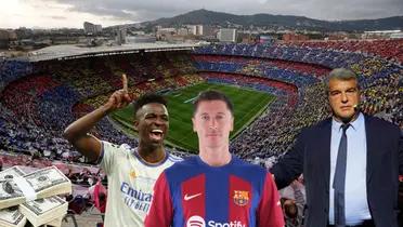 Joan Laporta con un gesto de tranquilidad. Robert Lewandowski y Vinicius en el centro. Camp Nou de fondo