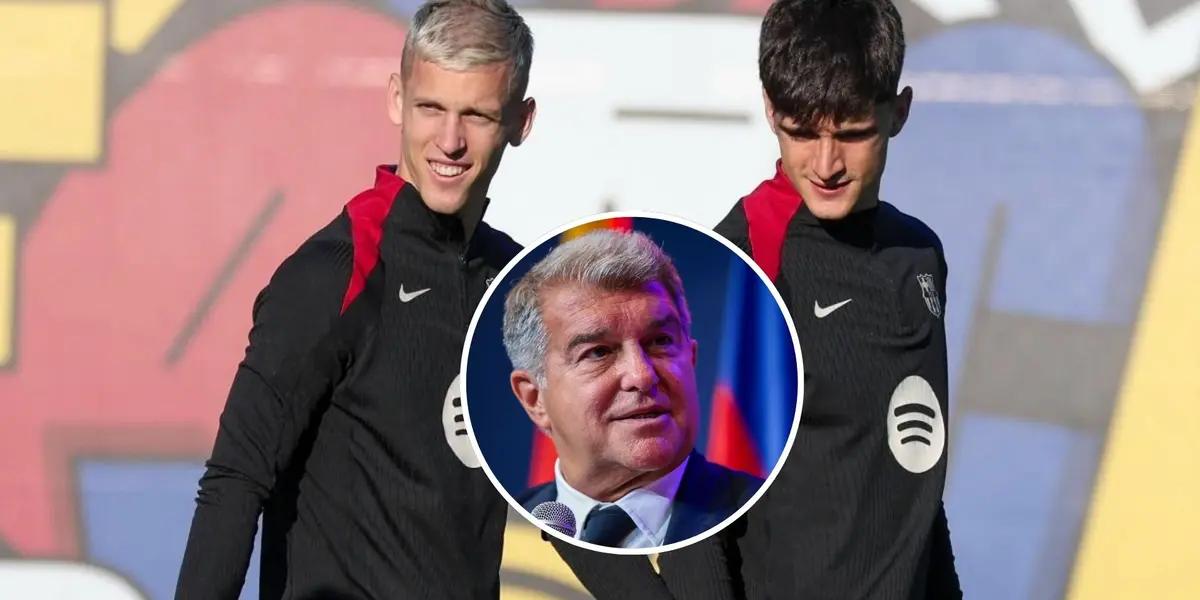 Joan Laporta - Dani Olmo - Pau Victor (Foto: X)