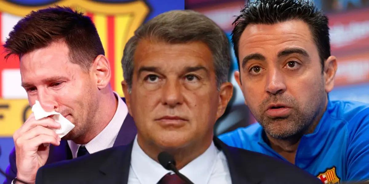 Joan Laporta, presidente del FC Barcelona, Lionel Messi y Xavi Hernández