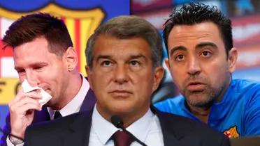 Joan Laporta, presidente del FC Barcelona, Lionel Messi y Xavi Hernández