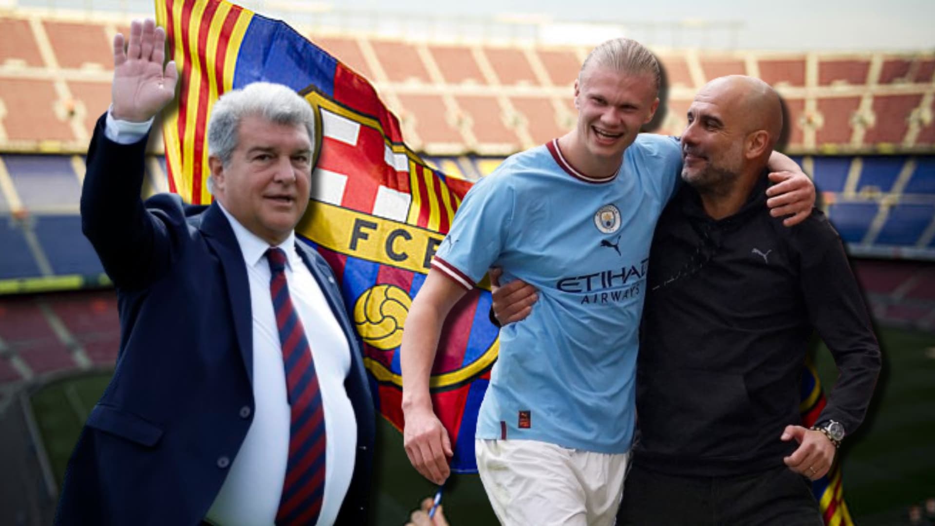 Joan Laporta, presidente del FC Barcelona, y Pep Guardiola con Erling Haaland