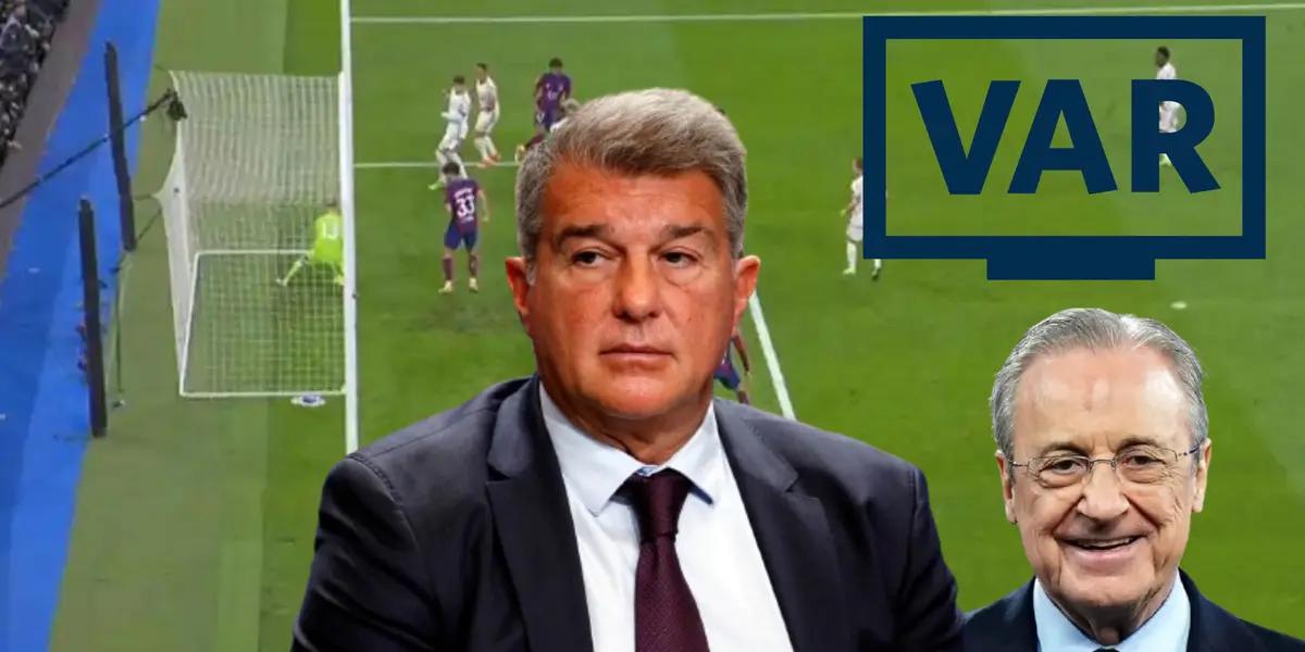 Joan Laporta serio. Florentino Pérez sonriendo y logo del VAR. De fondo, el gol fantasma de Lamine.