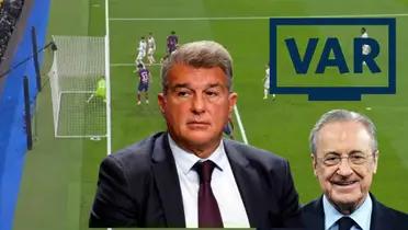 Joan Laporta serio. Florentino Pérez sonriendo y logo del VAR. De fondo, el gol fantasma de Lamine.