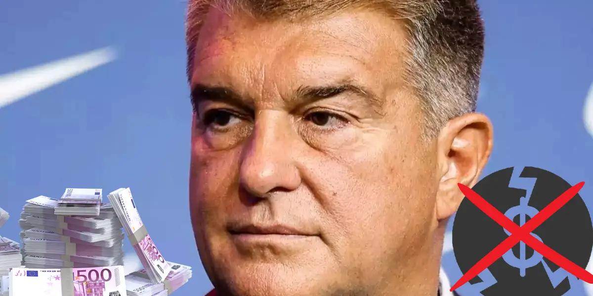 Joan Laporta serio, montón de dinero en un costado, logo de bancarrota tachado del otro.