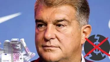 Joan Laporta serio, montón de dinero en un costado, logo de bancarrota tachado del otro.