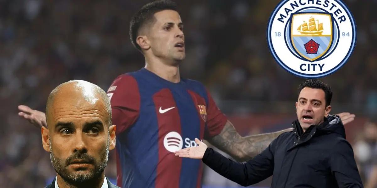 Joao Cancelo lamentándose. Escudo de Manchester City, Xavi Hernández y Pep Guardiola